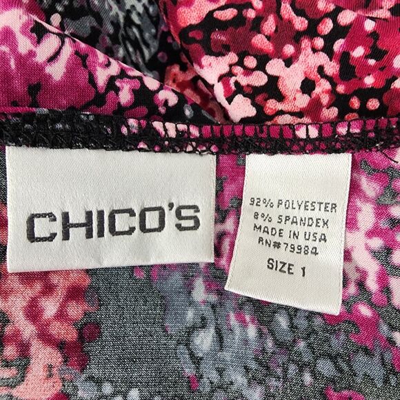 Chicos Womens Top Size 1 Medium Pink Printed Peplum Faux Wrap 3/4 Sleeve Stretch - Picture 7 of 8